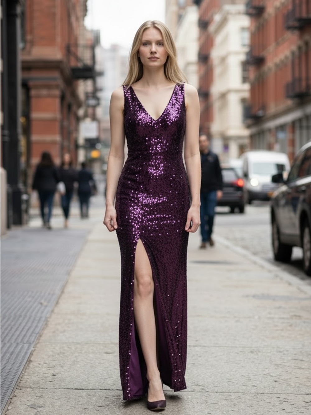 Windsor Purple Sequin V-Neck Maxi Gown with Front Slit
